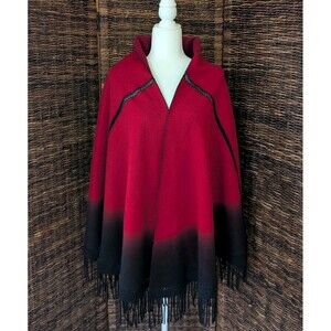 Ombre Poncho Wrap Shawl Cape Women's Red Black Fringe Crochet Boho Classy Chic